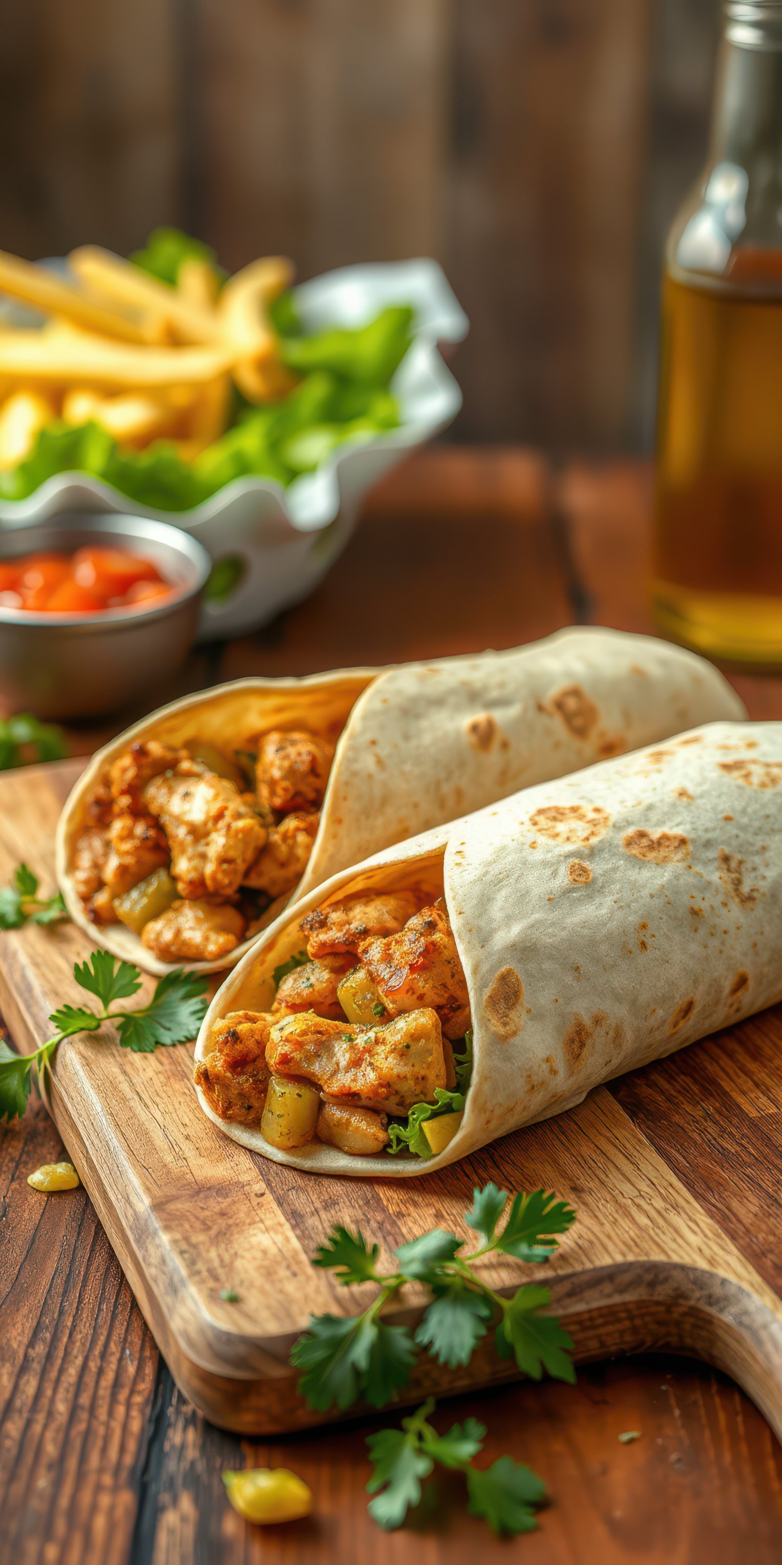 Delicious grilled chicken wraps served with fries and fresh greens on a rustic wooden table